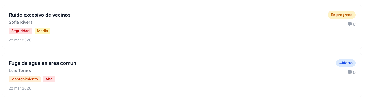 Vista del módulo de atención de incidencias con tickets