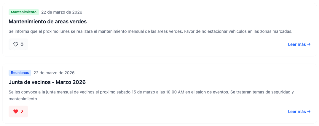 Vista del módulo de comunicación con publicaciones