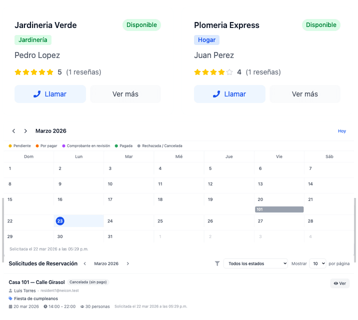 Vista del módulo de servicios con proveedores y reservaciones